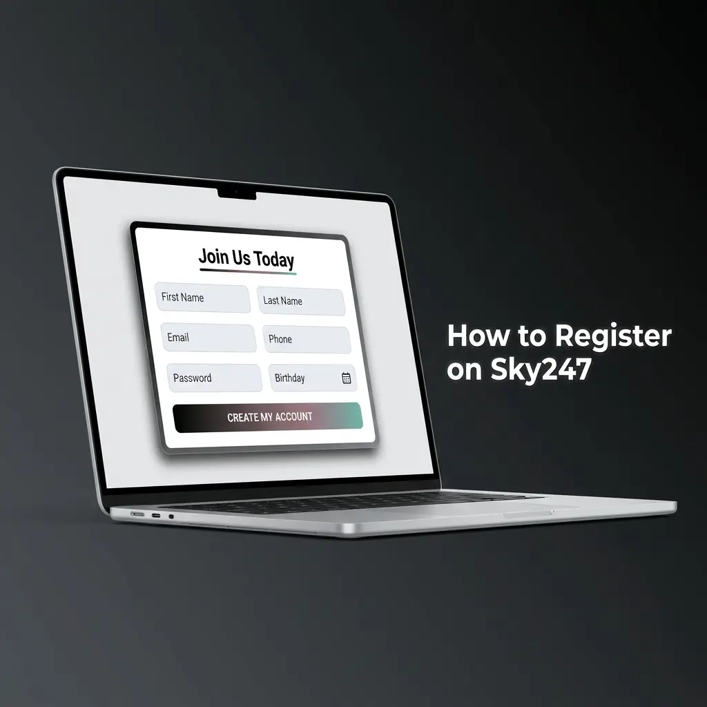 Step-by-step Sky247 registration process showing account signup form with user details and verification fields