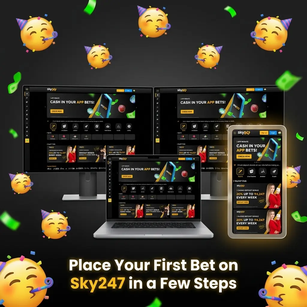Sky247 betting platform interface showing step-by-step guide for placing your first bet online