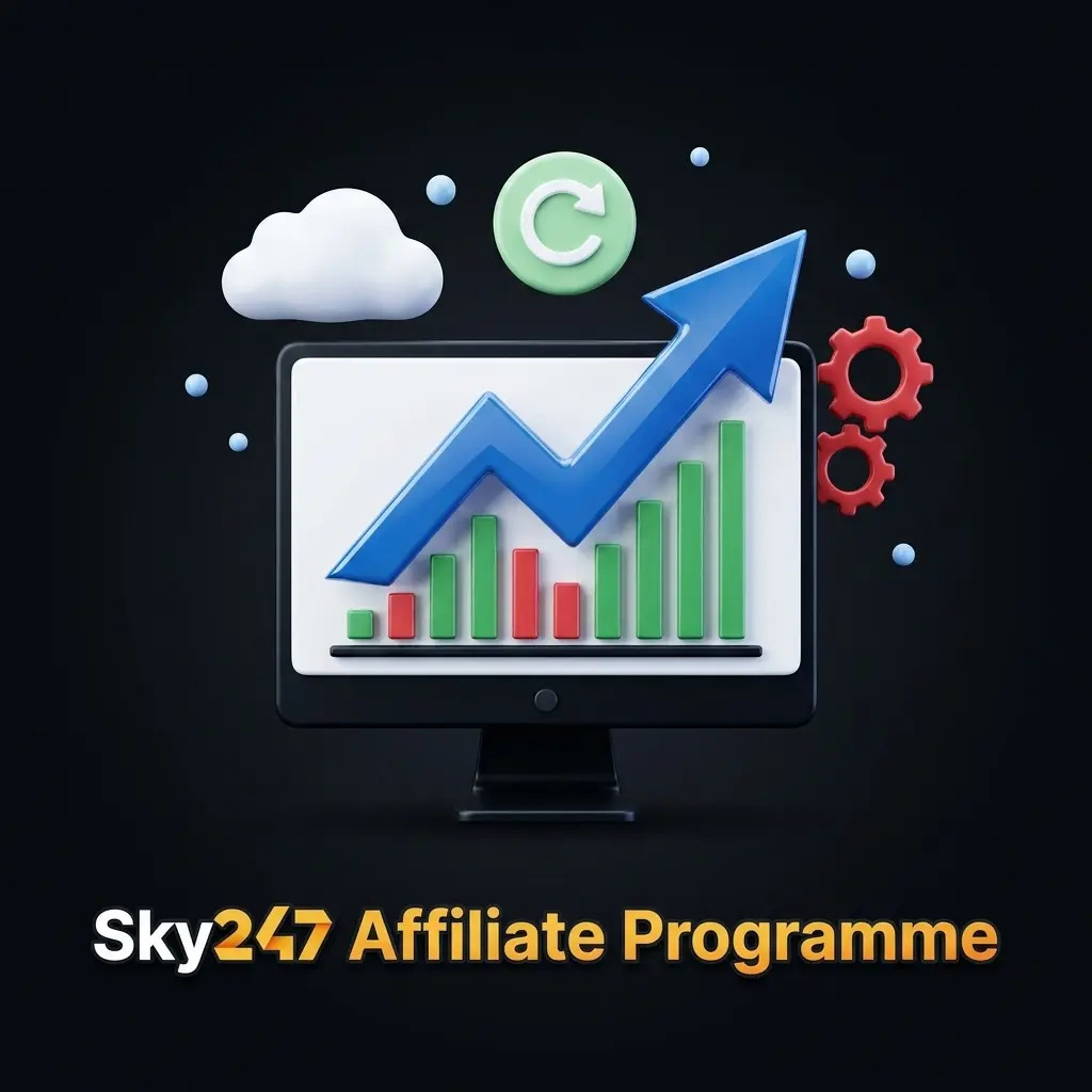 Sky247 affiliate programme logo and promotional banner for online betting and gaming platform partnership opportunities