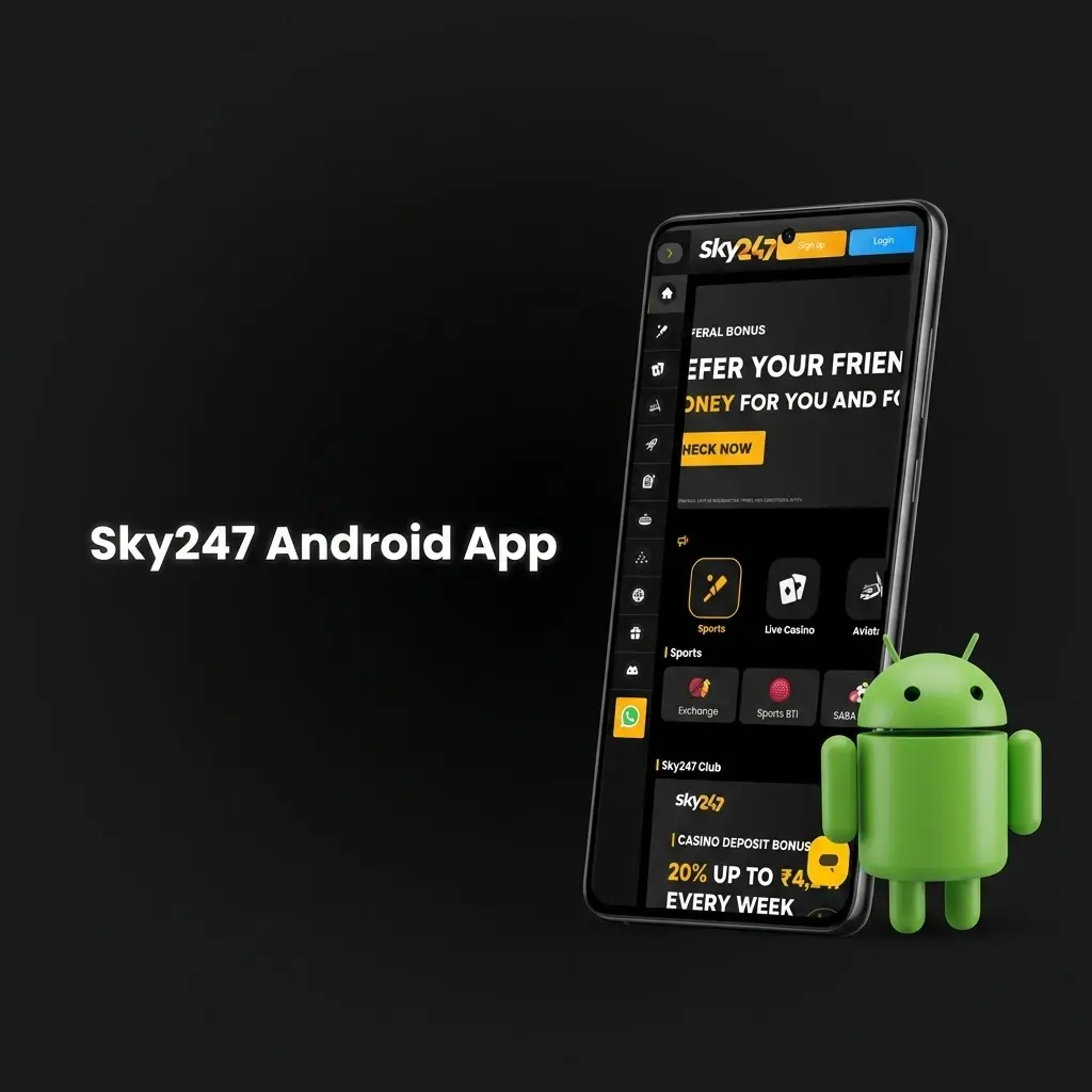 Sky247 Android app interface displayed on a mobile device for sports betting and casino gaming