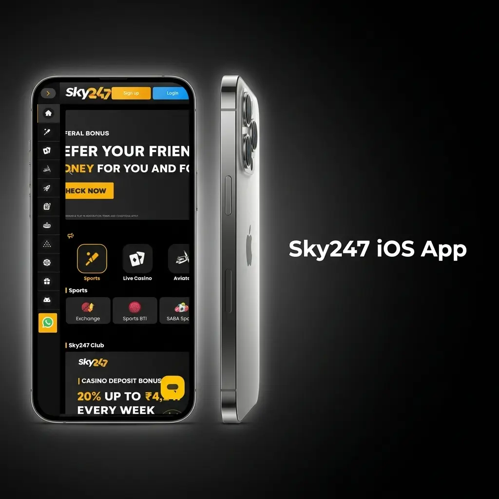 Sky247 iOS app interface displayed on iPhone screen showing sports betting and casino features