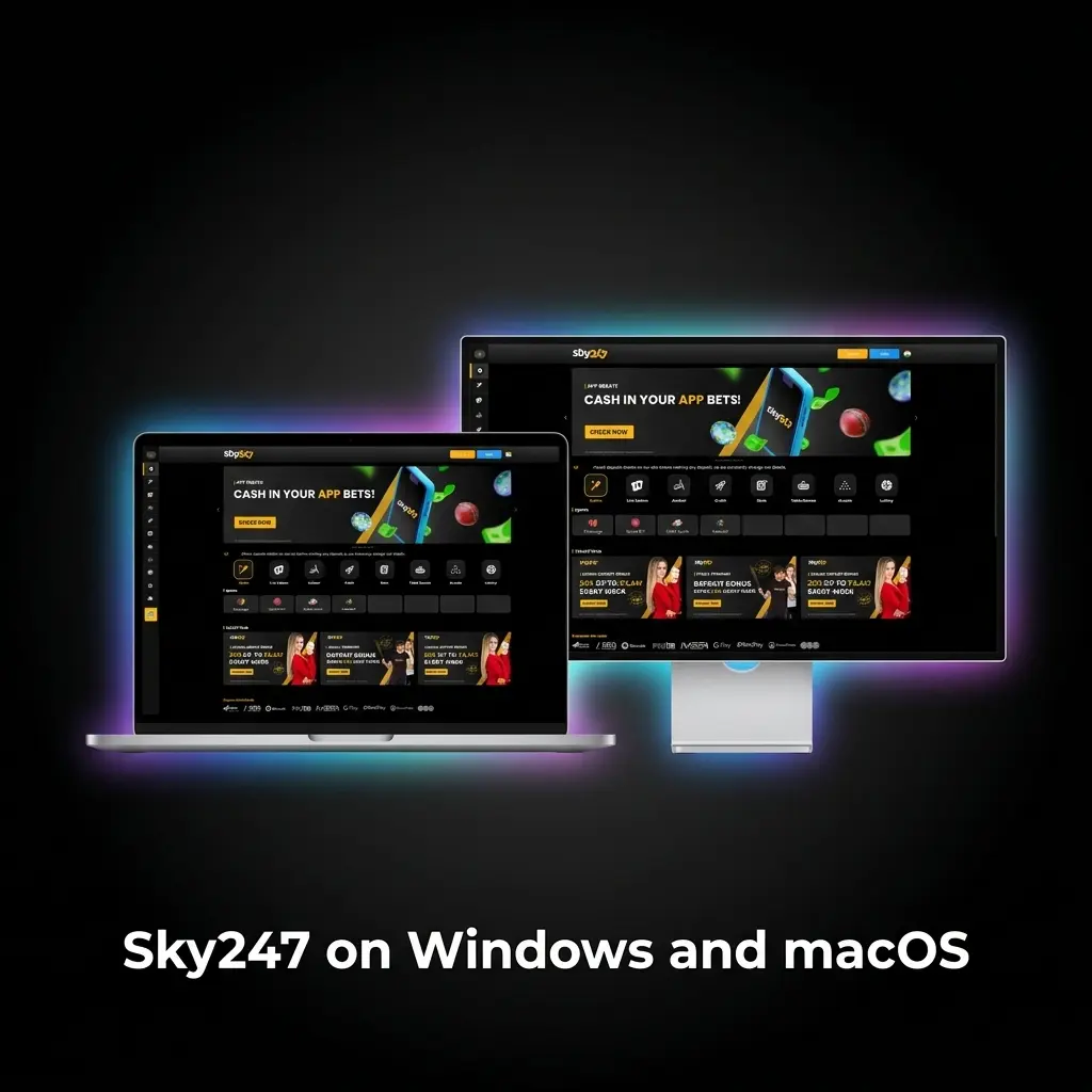 Sky247 app running on Windows and macOS desktop platforms for seamless betting and gaming access