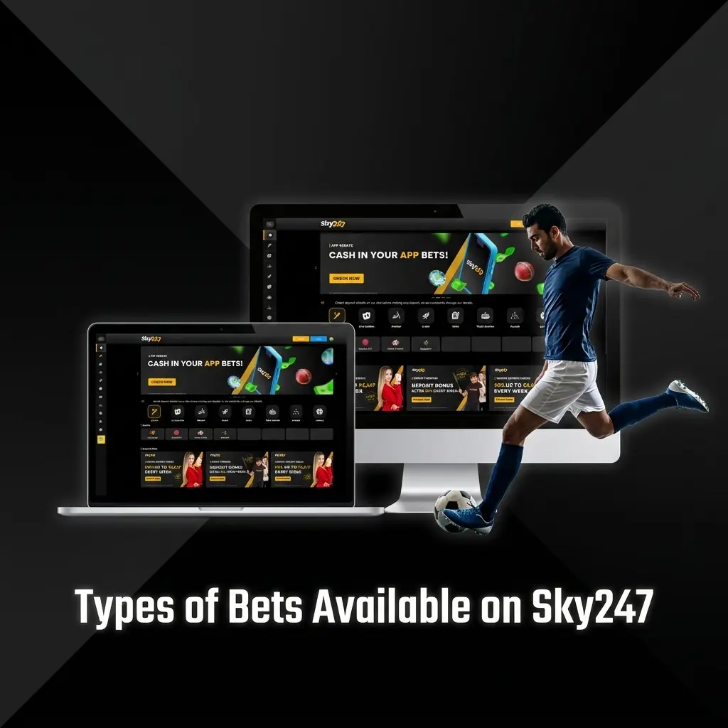 Sky247 betting platform showing various bet types including match odds, over/under, accumulators, and live in-play wagering options