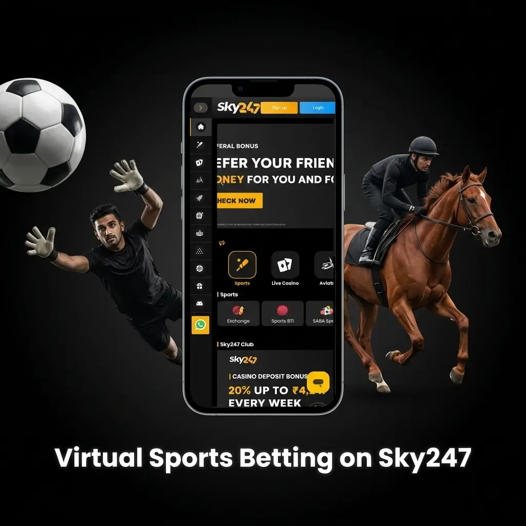 Sky247 virtual sports betting interface showing simulated football, horse racing, and cricket games with odds and wagering options